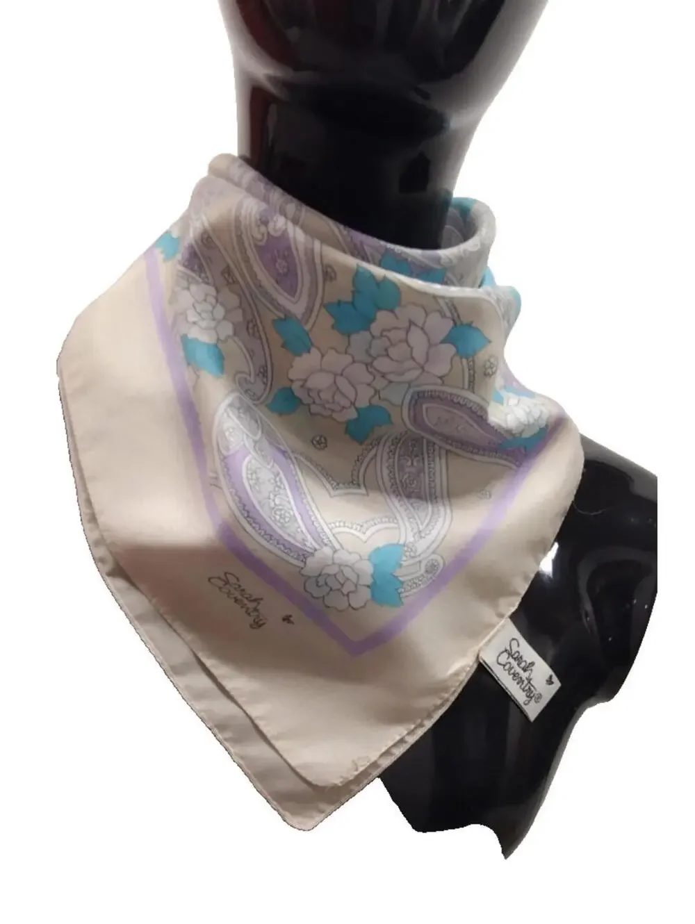 Vintage SARAH CONVENTRY Beige Lilac Lavender Scarf Tan 31 x 31 inches Large Wide